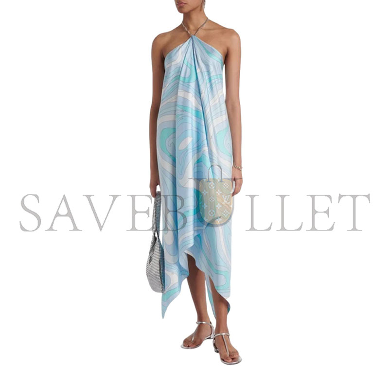 PUCCI BLUE MARMO ASYMMETRIC SILK TWILL MIDI DRESS 